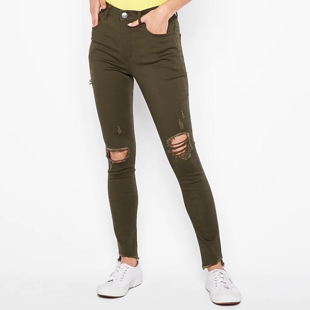 Express High Waisted Supersoft Green Ripped Leggings Jeggings Jeans Size 2 Short